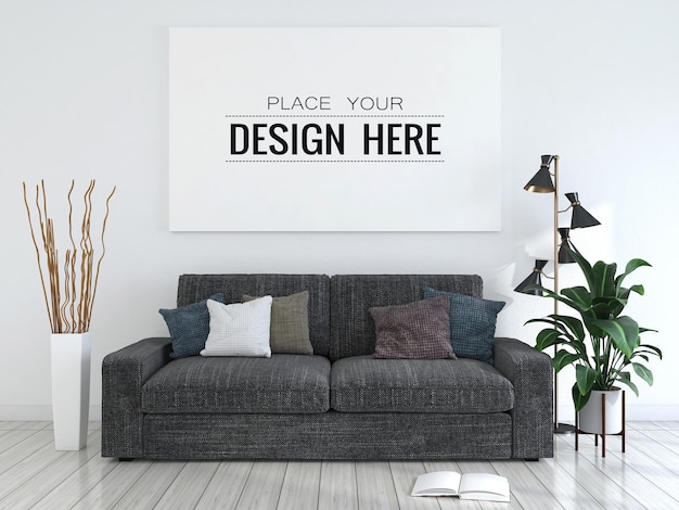 Poster frame in living room psd mockup