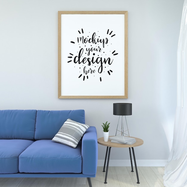 Poster frame in living room psd mockup