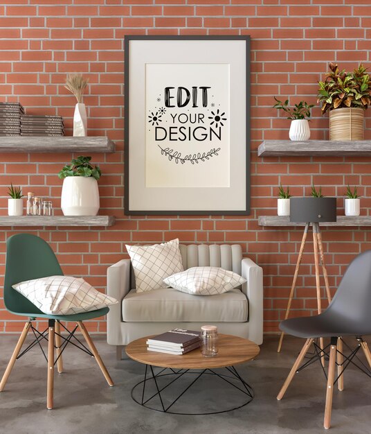 Poster frame in living room psd mockup