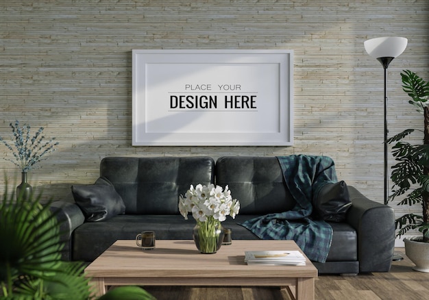 Poster frame in living room psd mockup