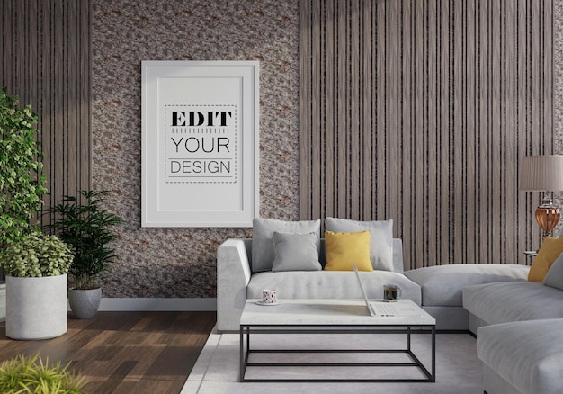 Poster frame in living room psd mockup