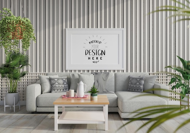 poster frame in living room psd mockup