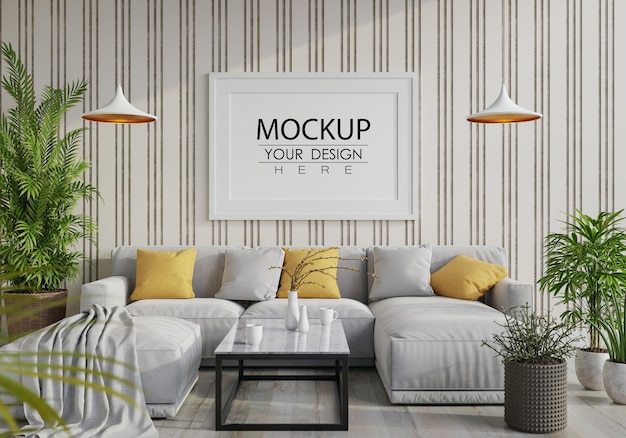 Poster frame in living room psd mockup