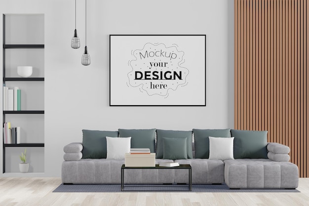 Poster frame in living room psd mockup