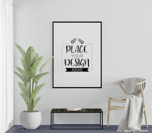 Poster frame in living room psd mockup