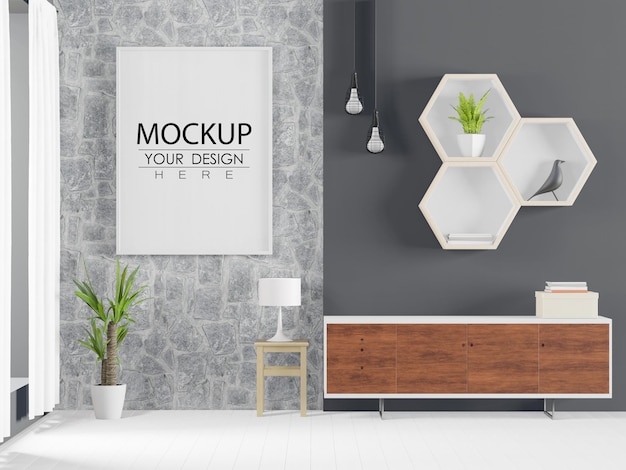 Poster frame in living room psd mockup