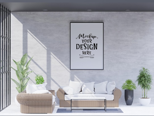 Poster frame in living room psd mockup