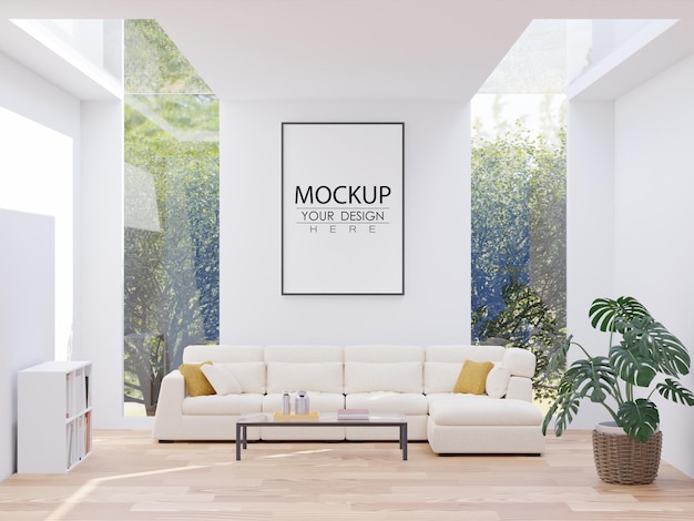 Poster frame in living room psd mockup