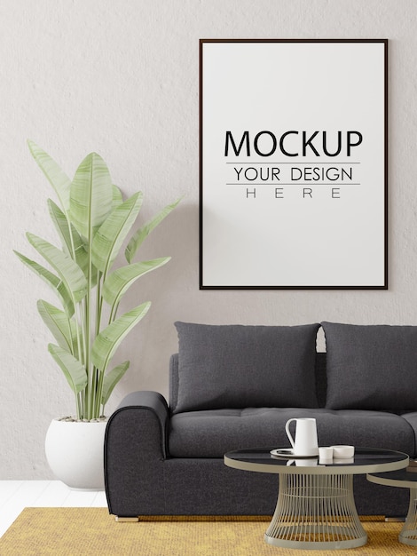 Poster frame in living room psd mockup