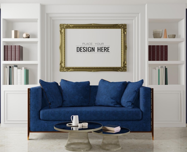 Poster frame in living room psd mockup