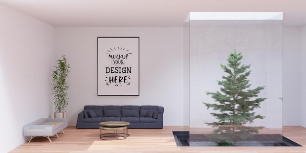 Poster frame in living room psd mockup