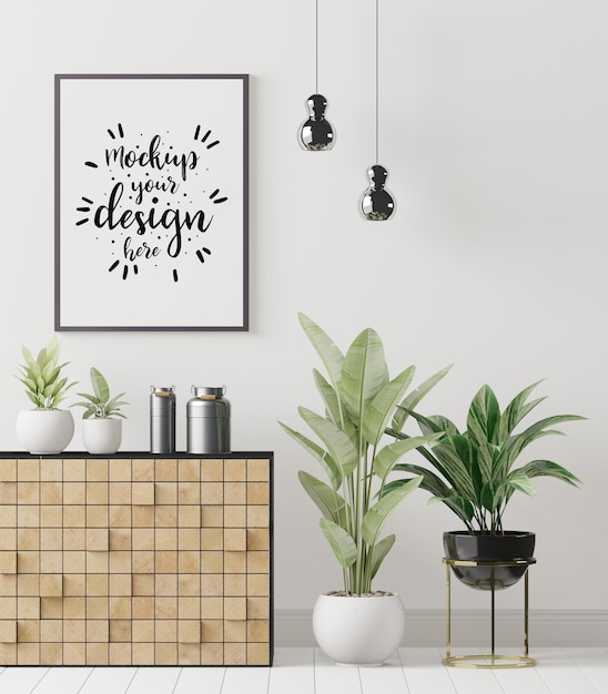 Poster frame in living room psd mockup