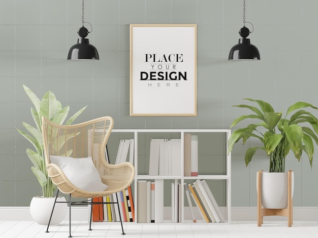 Poster frame in living room psd mockup