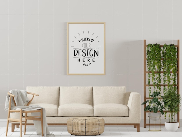 Poster frame in living room psd mockup