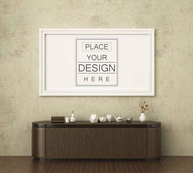 Poster frame in living room psd mockup