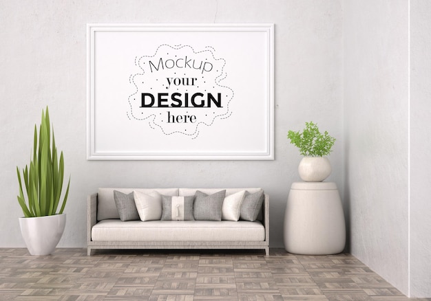 Poster frame in living room psd mockup