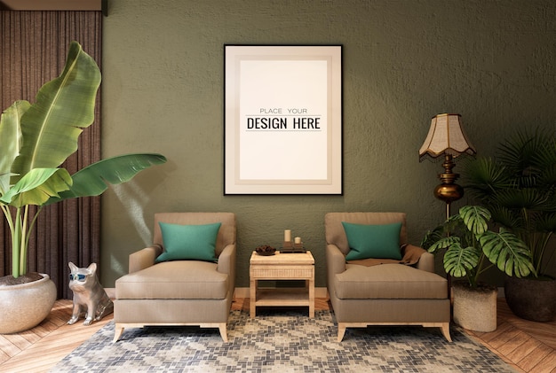 Poster frame in living room psd mockup