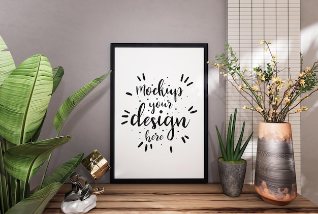 Poster frame in living room psd mockup