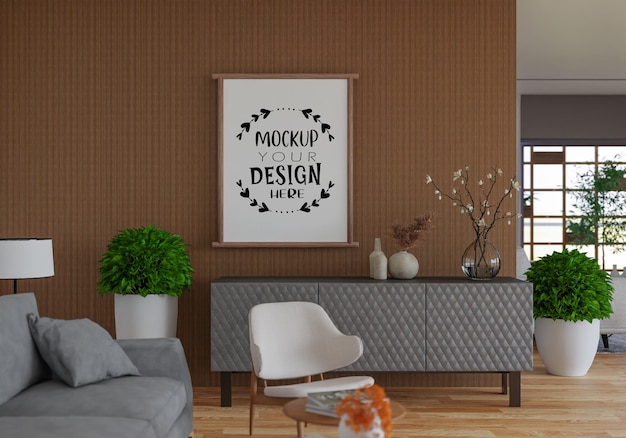 Poster frame in living room psd mockup