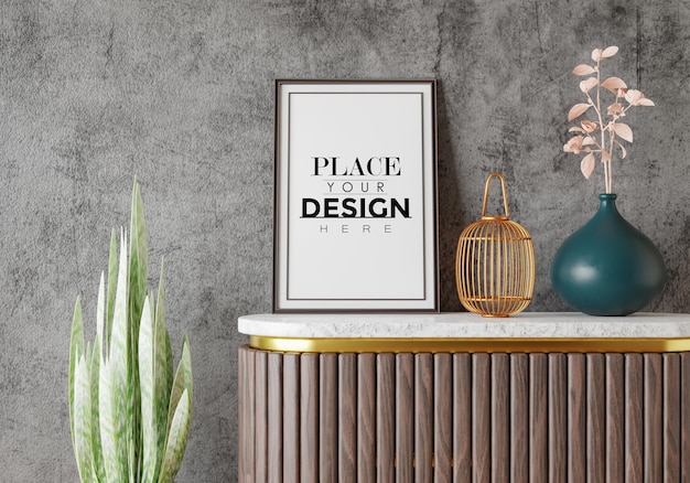 Poster frame in living room psd mockup