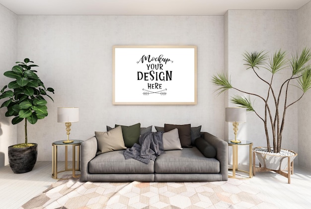 Poster frame in living room psd mockup