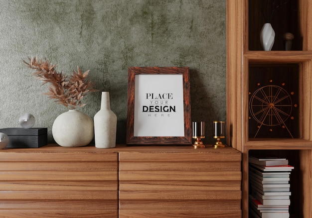 Poster frame in living room psd mockup