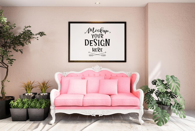 Poster frame in living room psd mockup