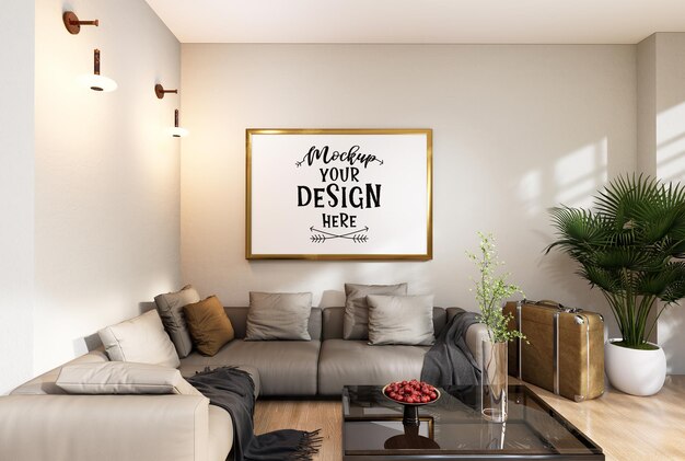 Poster frame in living room psd mockup