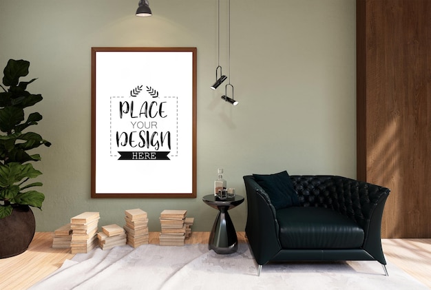 Poster frame in living room psd mockup