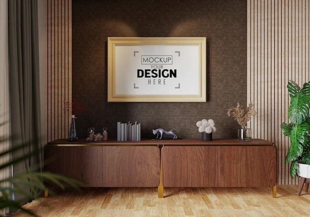 Poster frame in living room psd mockup