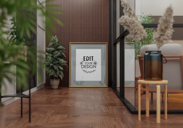 Poster frame in living room psd mockup