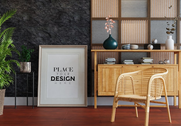 Poster frame in living room psd mockup