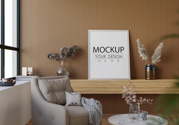 poster frame in living room psd mockup