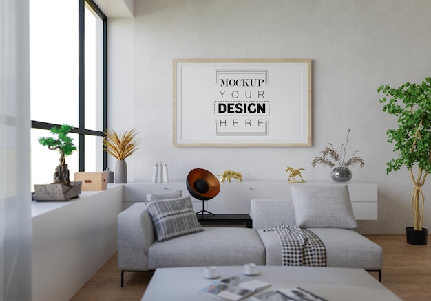 Poster frame in living room psd mockup