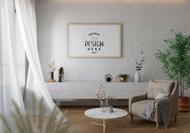 poster frame in living room psd mockup