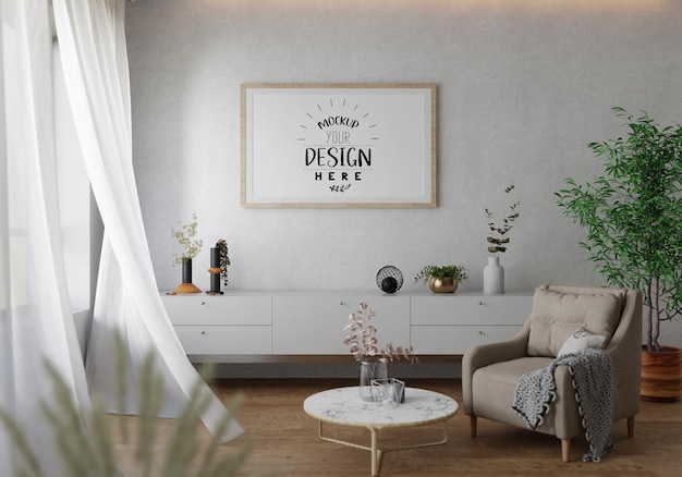 Poster frame in living room psd mockup