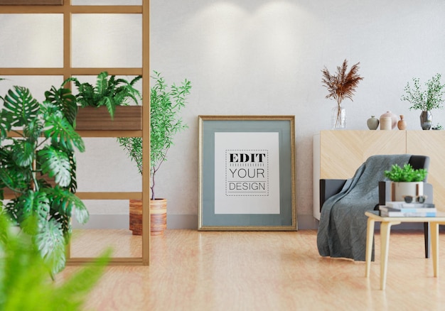 Poster frame in living room psd mockup