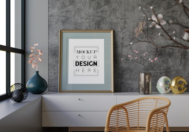 poster frame in living room psd mockup