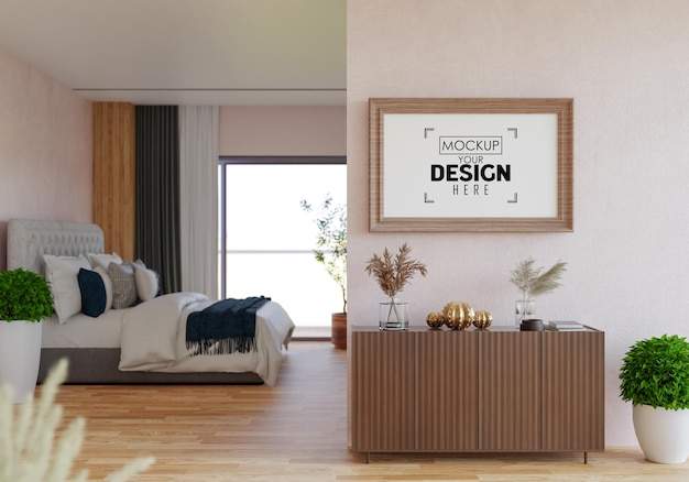 Poster frame in living room psd mockup