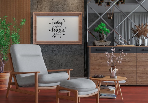 Poster frame in living room psd mockup