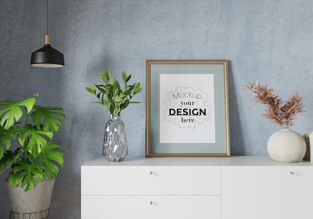 Poster frame in living room psd mockup