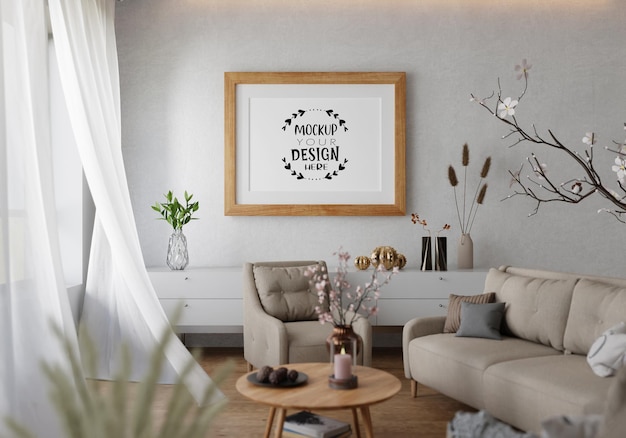 poster frame in living room psd mockup