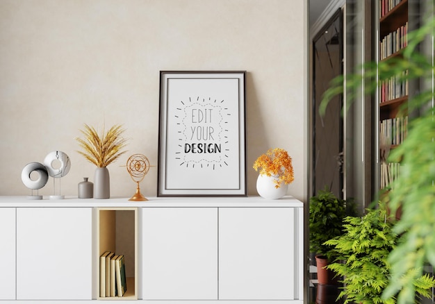 Poster frame in living room psd mockup