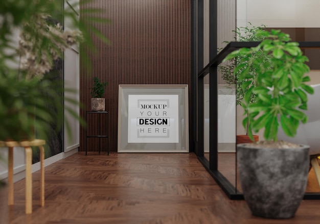 Poster frame in living room psd mockup