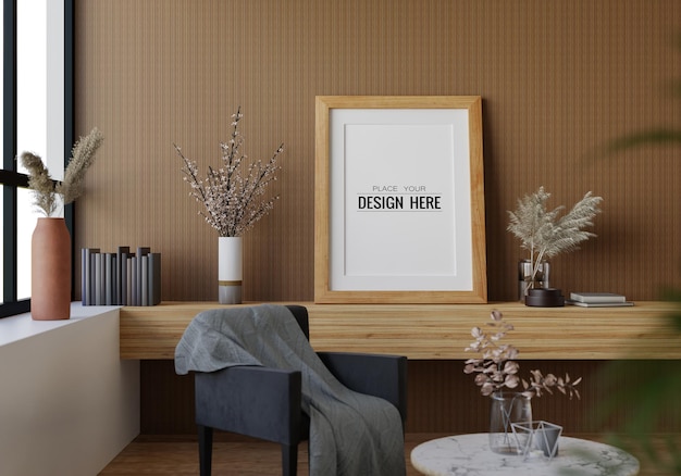 poster frame in living room psd mockup