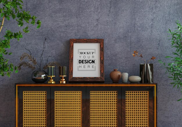 Poster frame in living room psd mockup