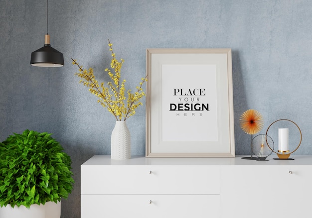 Poster frame in living room psd mockup