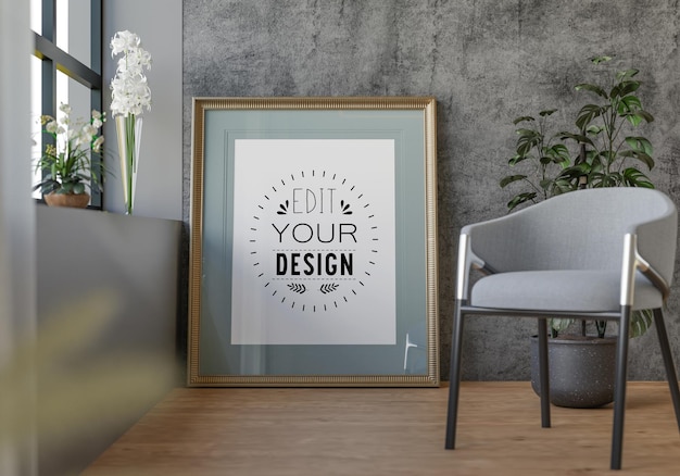 Poster frame in living room psd mockup