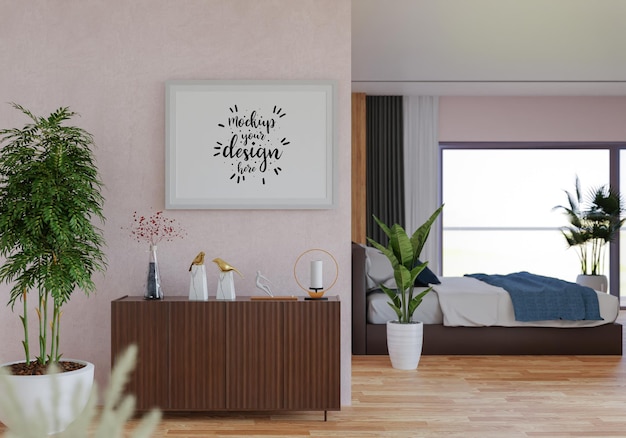 Poster frame in living room psd mockup