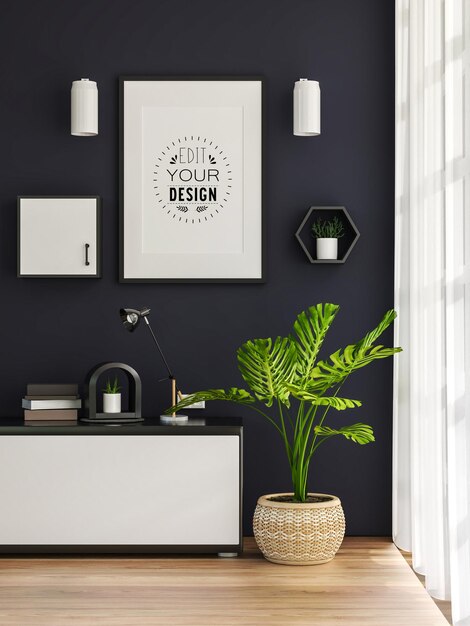 Poster frame in living room psd mockup